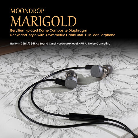 MOONDROP Marigold neckband-style IEM featuring beryllium-plated diaphragm and USB-C interface, designed for immersive hi-fi audio performance.