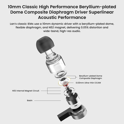 Exploded view of MOONDROP Marigold IEM showing 10mm beryllium-plated dynamic driver and internal components for superior acoustic performance.