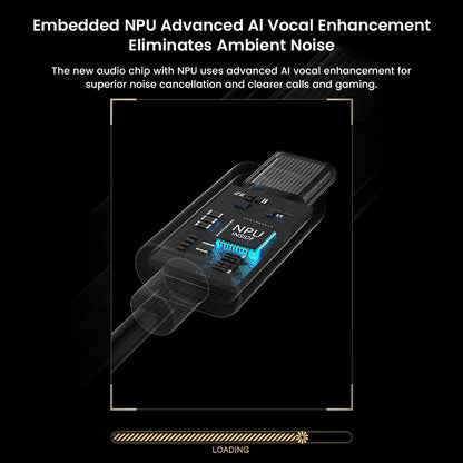 Close-up of MOONDROP Marigold USB-C chip with embedded NPU for AI vocal enhancement and ambient noise cancellation.