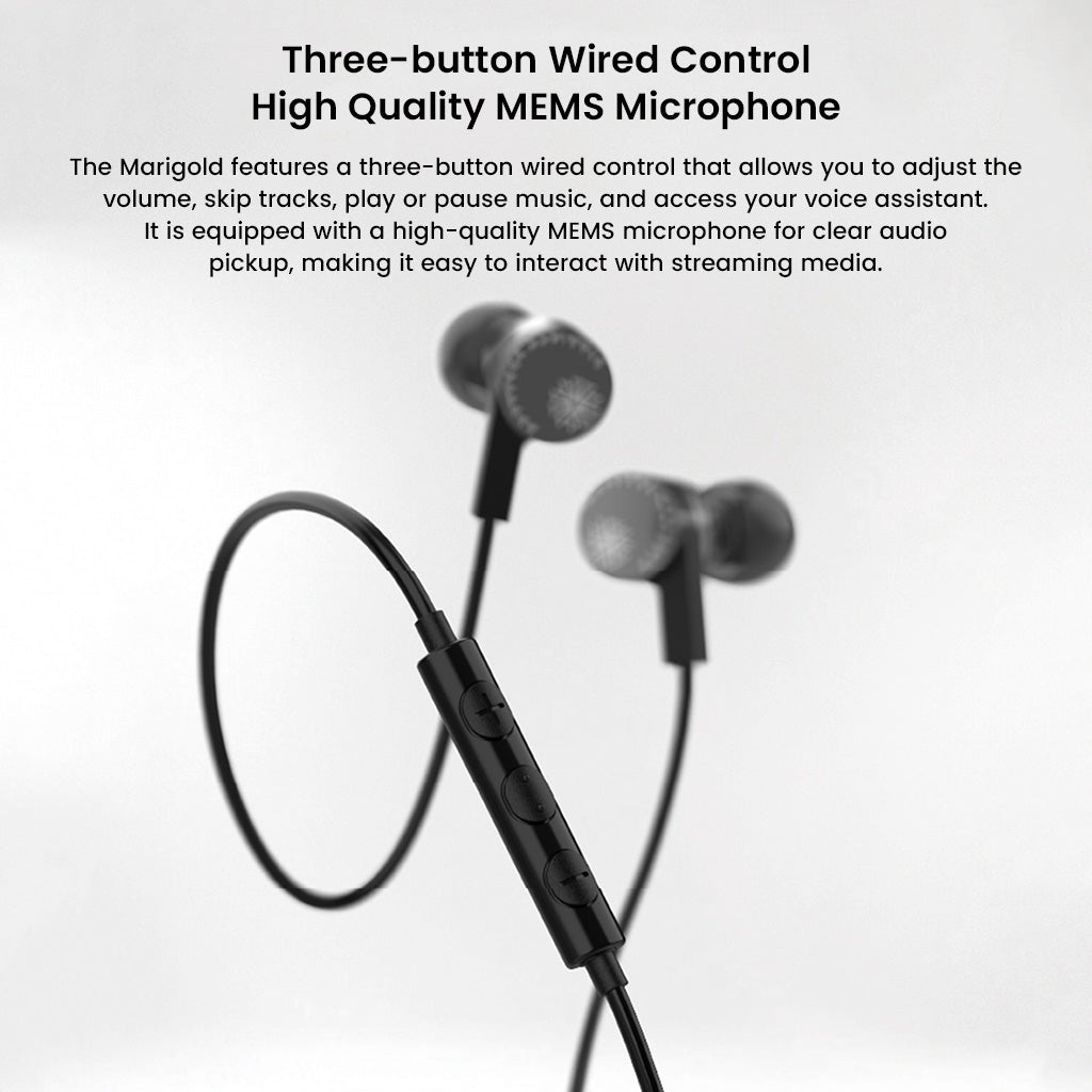 MOONDROP Marigold IEM with three-button wired control and MEMS microphone for easy media interaction and clear voice pickup.