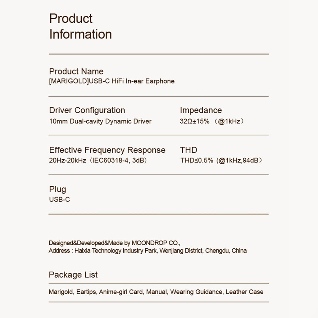 MOONDROP Marigold product specifications including 10mm dual-cavity driver, USB-C plug, and full accessory list.