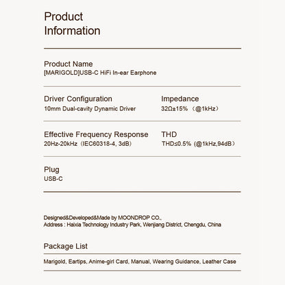 MOONDROP Marigold product specifications including 10mm dual-cavity driver, USB-C plug, and full accessory list.