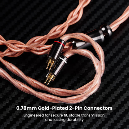Black background with copper braided audio cable and connectors