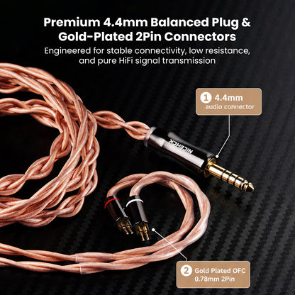 Premium 4.4mm balanced plug with gold-plated 2-pin connectors for IEM