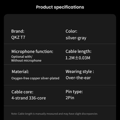 Product specifications for OKZ - T7 Premium 4-Core Upgrade Cable for IEM including cable length, material, microphone, and pin type.