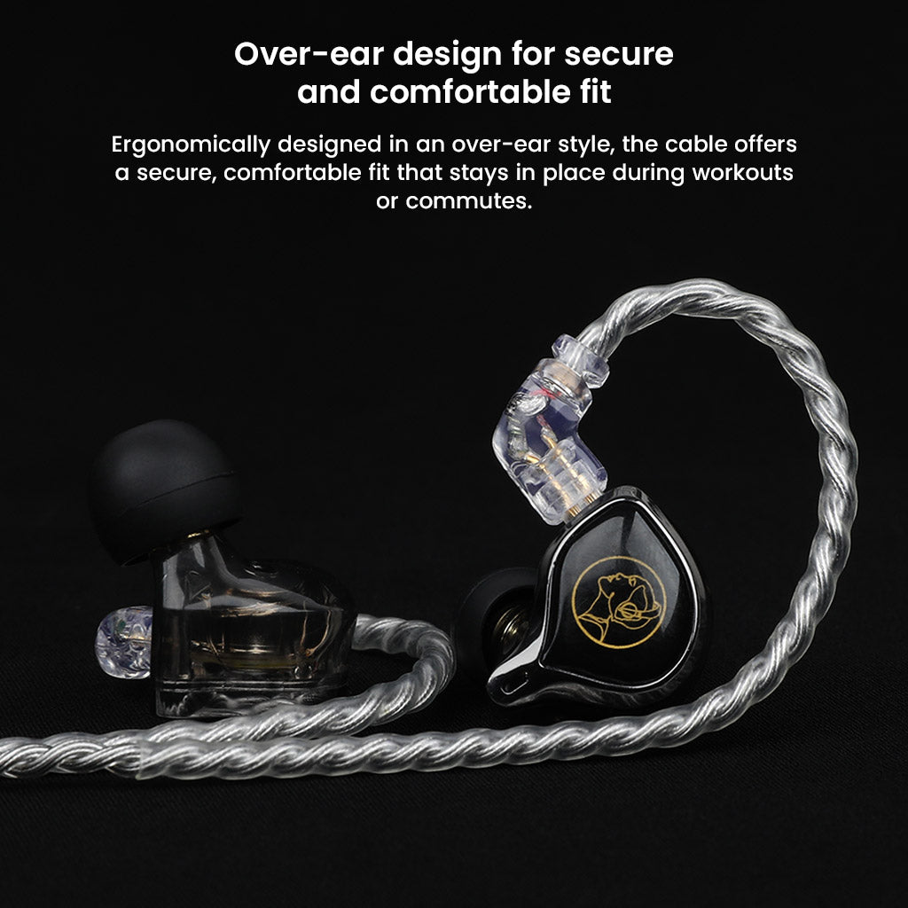 OKZ - T7 Premium 4-Core Upgrade Cable shown with IEMs, featuring over-ear design for secure and comfortable fit during active use.