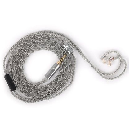 Top view of OKZ - T7 Premium 4-Core Upgrade Cable for IEM, coiled neatly with visible 2-pin connectors and built-in microphone.