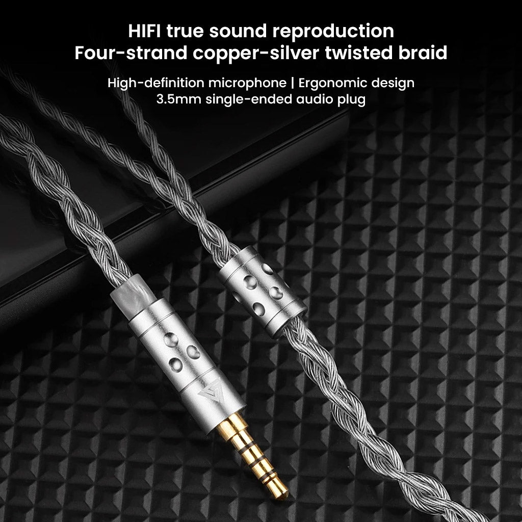 OKZ - T7 IEM Upgrade Cable featuring four-strand copper-silver twisted braid and 3.5mm plug for HiFi sound and ergonomic audio use.