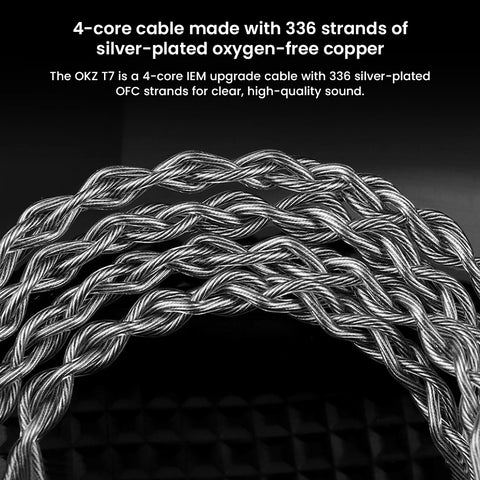Close-up of OKZ - T7 Premium 4-Core Upgrade Cable showing 336 strands of silver-plated oxygen-free copper for high-quality sound performance.