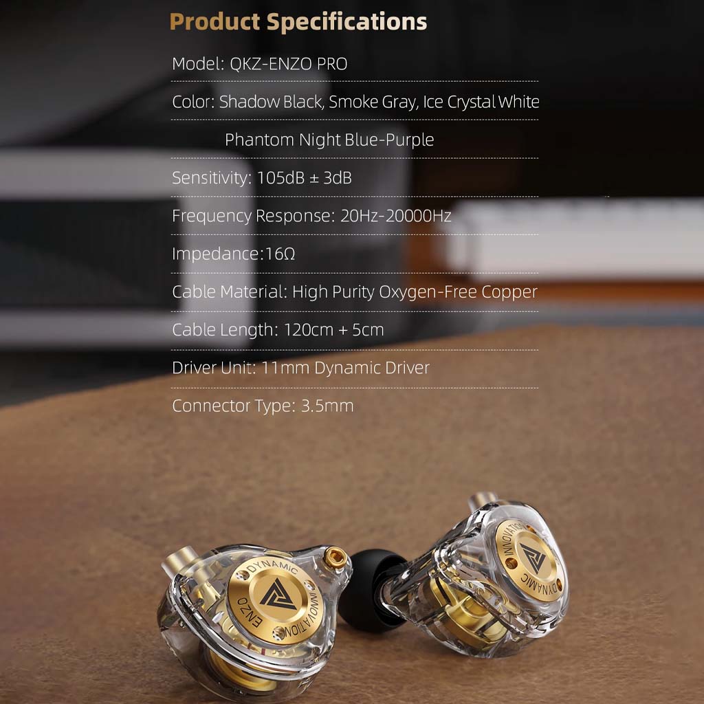 QKZ Enzo Pro IEM product specifications including 11mm driver, 105dB sensitivity, and oxygen-free copper cable.