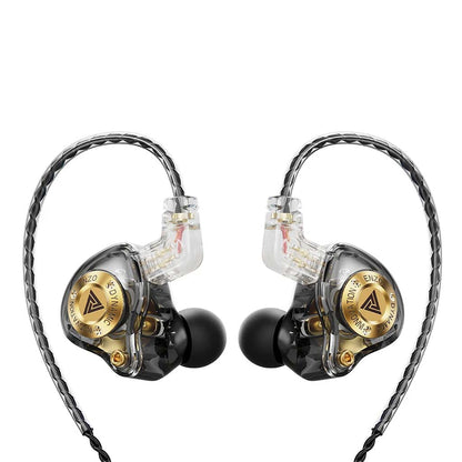 QKZ Enzo Pro IEM with 11mm dynamic driver and gold detailing, featuring ergonomic design and detachable braided cable for high-res audio.