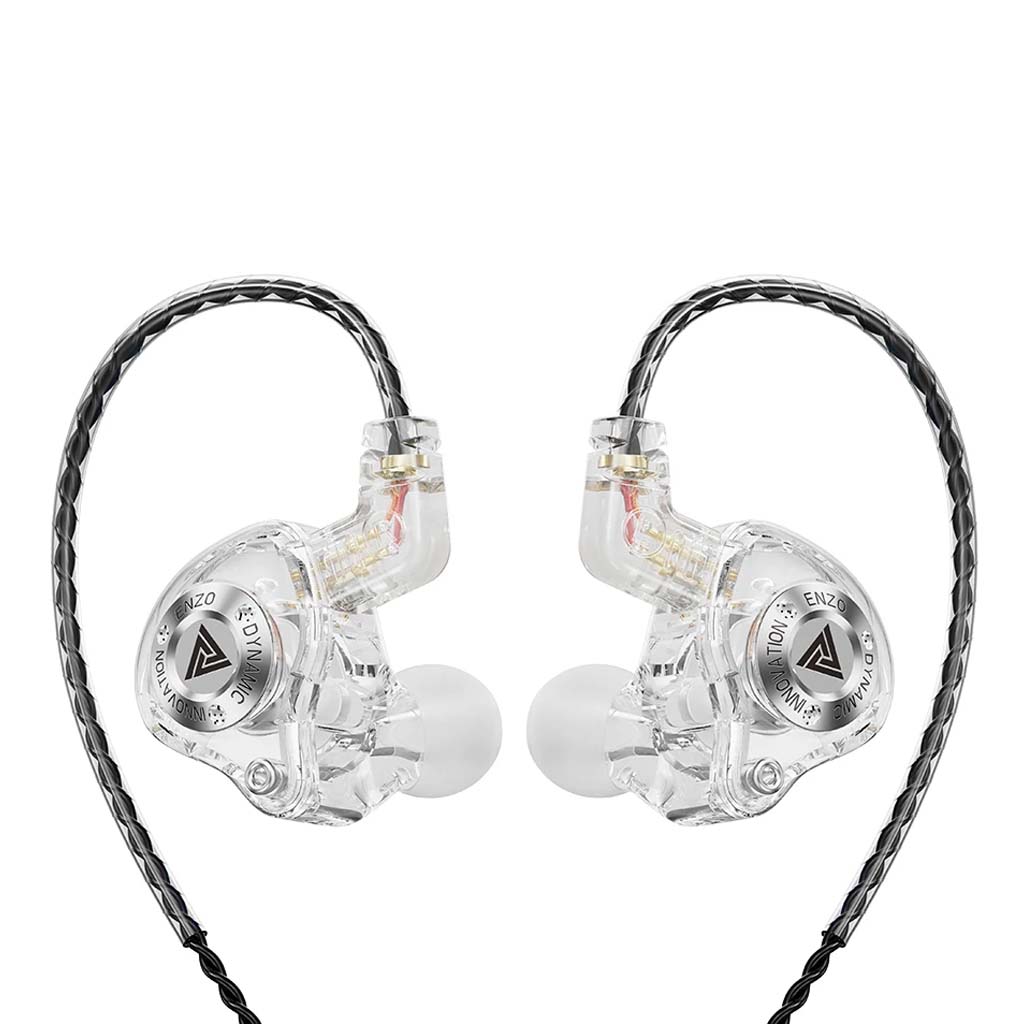 QKZ Enzo Pro IEM in Ice Crystal White color variant with transparent housing and ergonomic earbud design.