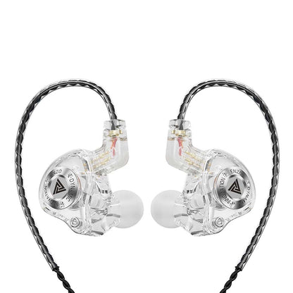 QKZ Enzo Pro IEM in Ice Crystal White color variant with transparent housing and ergonomic earbud design.
