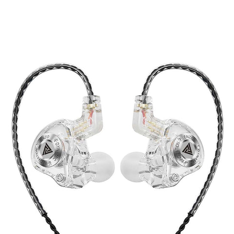 QKZ Enzo Pro IEM in Ice Crystal White color variant with transparent housing and ergonomic earbud design.