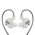 QKZ Enzo Pro IEM in Ice Crystal White color variant with transparent housing and ergonomic earbud design.