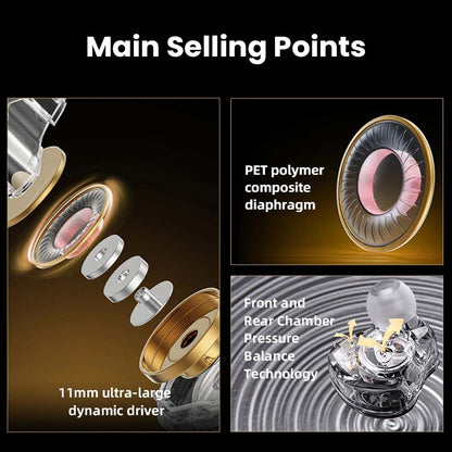 Main selling points of QKZ Enzo Pro IEM highlighting PET diaphragm, 11mm driver, and pressure balance technology.