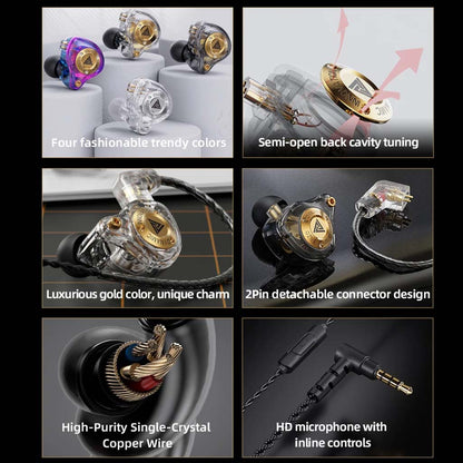 QKZ Enzo Pro IEM features including trendy colors, semi-open tuning, detachable cable, and HD microphone.