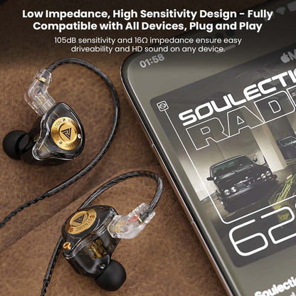 QKZ Enzo Pro IEM plugged into a smartphone, highlighting low impedance and high sensitivity for plug-and-play compatibility.