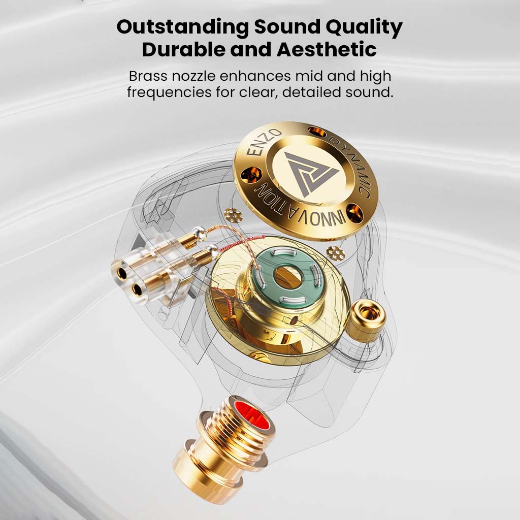 QKZ Enzo Pro IEM features brass nozzle for enhanced mids and highs, delivering clear and detailed sound quality.