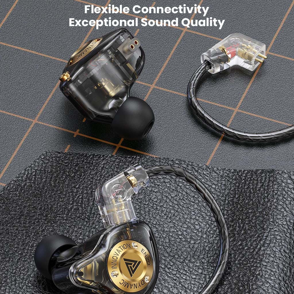 QKZ Enzo Pro IEM with flexible 2-pin detachable cable and ergonomic design for exceptional sound quality and comfort.