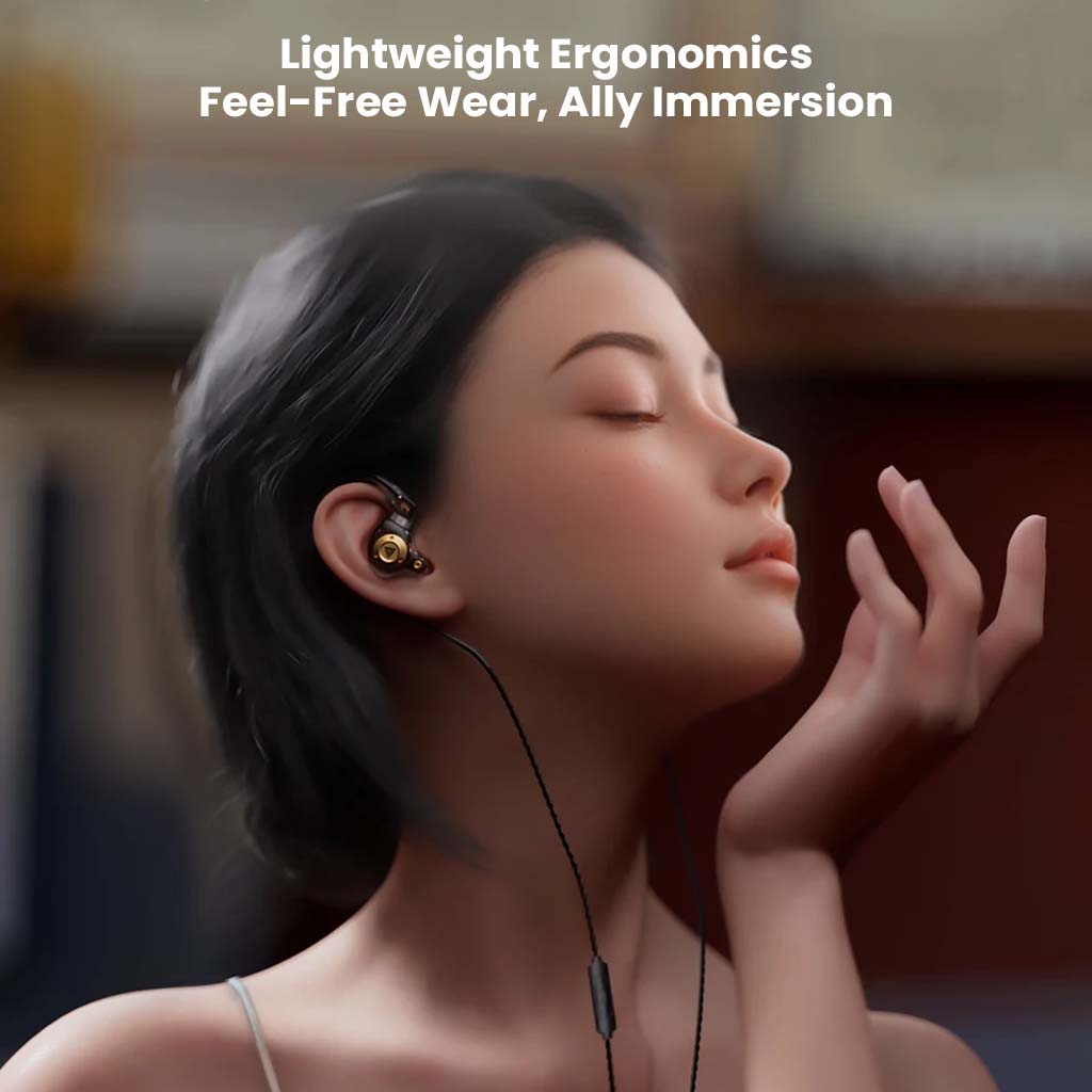 Woman wearing QKZ Enzo Pro IEM, showcasing lightweight ergonomic fit for immersive and comfortable listening.