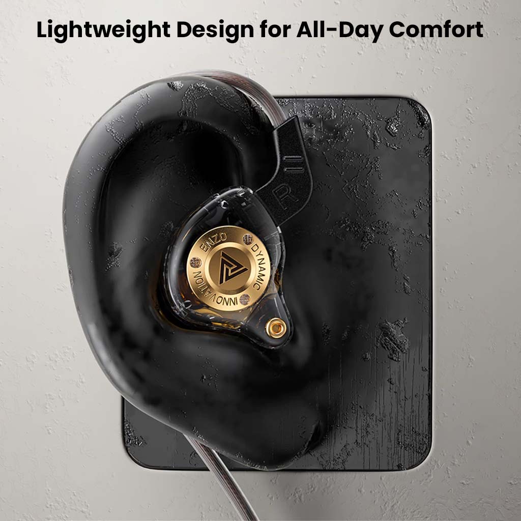 QKZ-ENZO IEM worn in ear, highlighting its lightweight design for all-day comfort and secure fit during extended use.