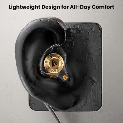 QKZ-ENZO IEM worn in ear, highlighting its lightweight design for all-day comfort and secure fit during extended use.