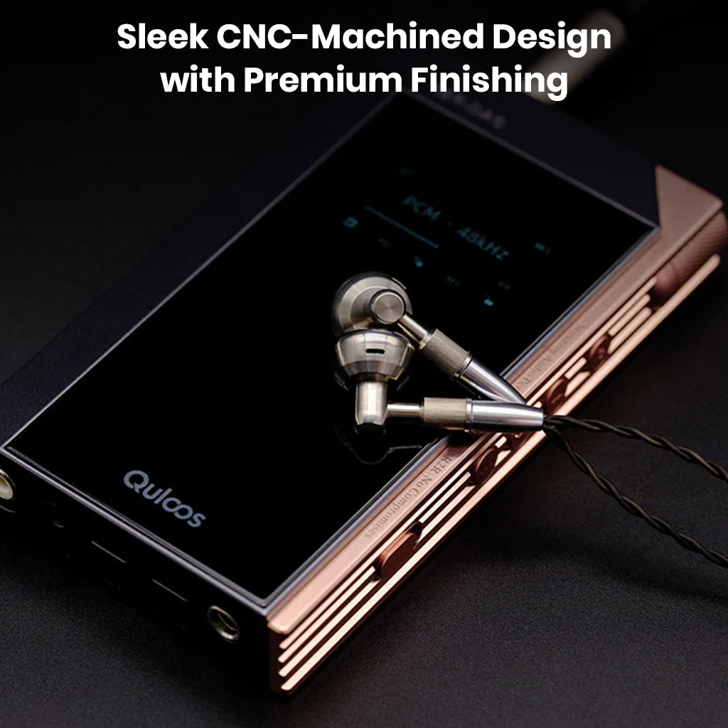 QULOOS - MUB5 Portable R2R DAC/AMP paired with IEMs, showcasing its sleek CNC-machined design and premium finish for audiophiles.