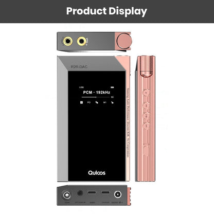 QULOOS - MUB5 Portable R2R DAC/AMP shown from multiple angles highlighting USB, audio outputs, and control buttons for versatile use.