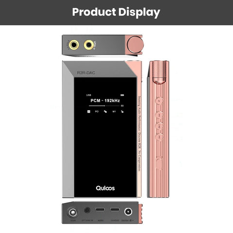 QULOOS - MUB5 Portable R2R DAC/AMP shown from multiple angles highlighting USB, audio outputs, and control buttons for versatile use.