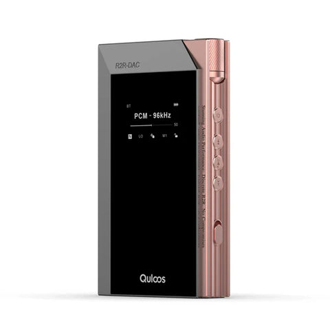 QULOOS - MUB5 Portable R2R DAC/AMP with OLED display and rose gold CNC-machined body, ideal for high-resolution audio playback.