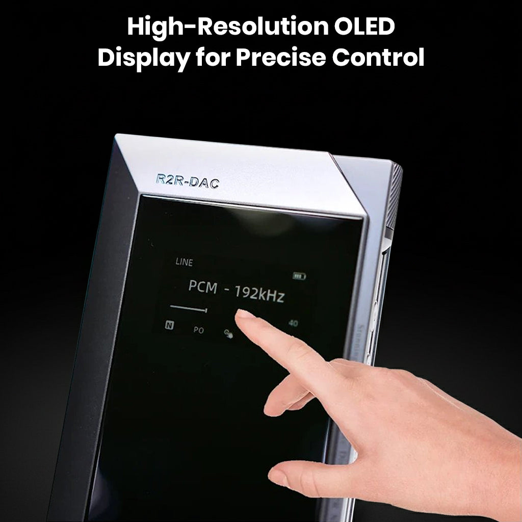 QULOOS - MUB5 DAC/AMP featuring a high-resolution OLED touchscreen for intuitive control and real-time audio format display.
