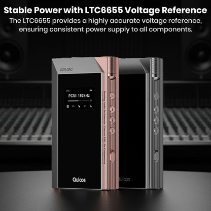 QULOOS - MUB5 DAC/AMP with LTC6655 voltage reference for stable power supply, shown in black and rose gold finishes.