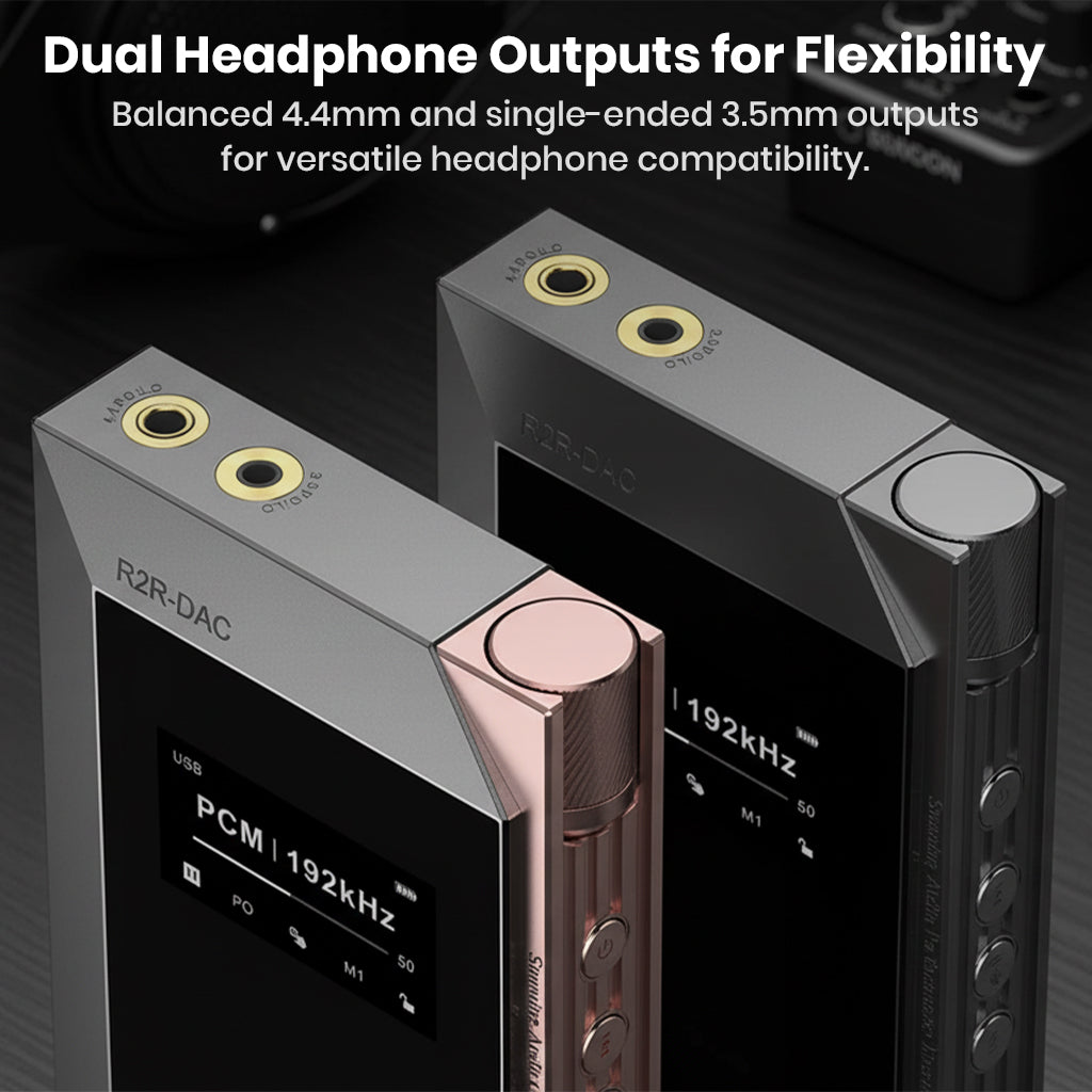 Dual headphone outputs on QULOOS - MUB5 DAC/AMP with 4.4mm balanced and 3.5mm single-ended jacks for flexible connectivity.