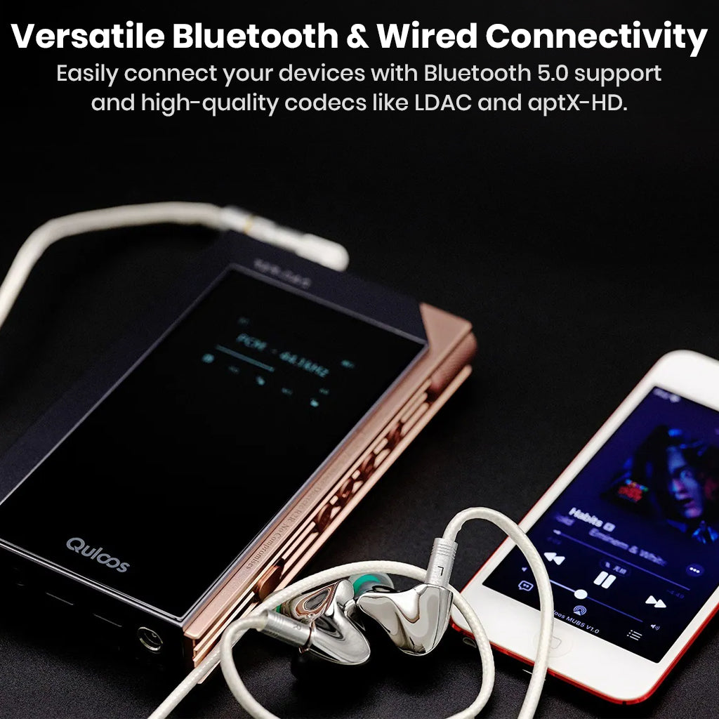 QULOOS - MUB5 Portable DAC/AMP with Bluetooth 5.0 and wired connectivity supporting LDAC and aptX-HD for high-quality streaming.