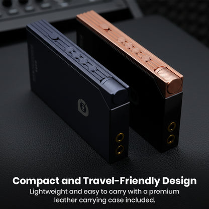 Compact and travel-friendly QULOOS - MUB5 DAC/AMP in black and rose gold, includes leather case for easy portability.