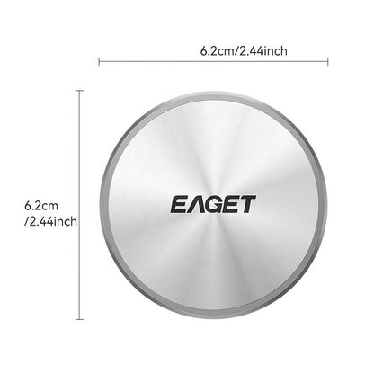 Top view of EAGET SE980 Magnetic SSD Enclosure with 6.2cm diameter, designed for 2230 and 2242 M.2 NVMe SSDs in a compact form factor.