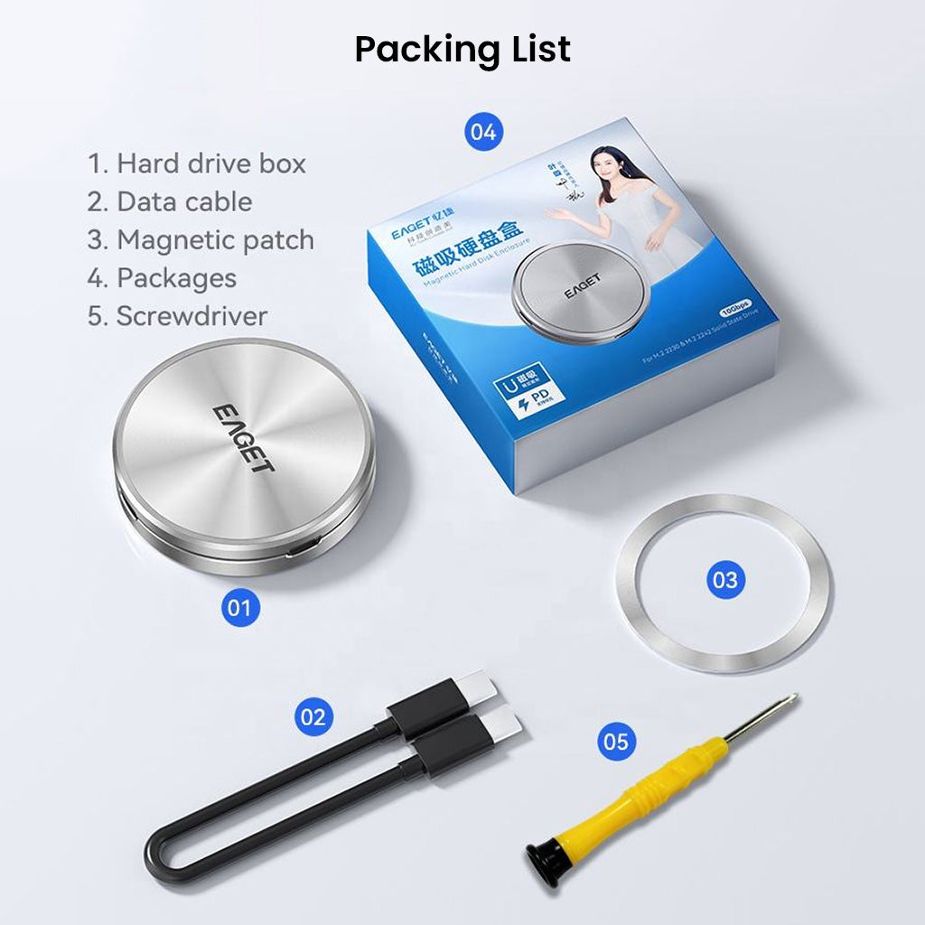 EAGET SE980 SSD Enclosure packaging includes hard drive box, USB-C cable, magnetic patch, screwdriver, and user manual for easy setup.