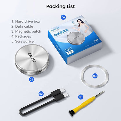 EAGET SE980 SSD Enclosure packaging includes hard drive box, USB-C cable, magnetic patch, screwdriver, and user manual for easy setup.
