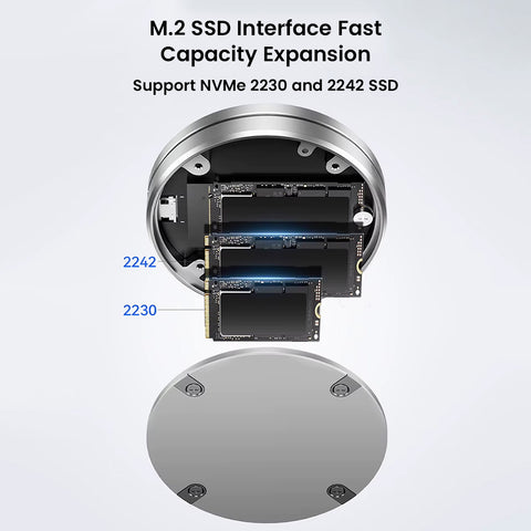 Internal view of EAGET SE980 SSD Enclosure supporting 2230 and 2242 NVMe SSDs, ideal for compact storage expansion in laptops and mobile devices.