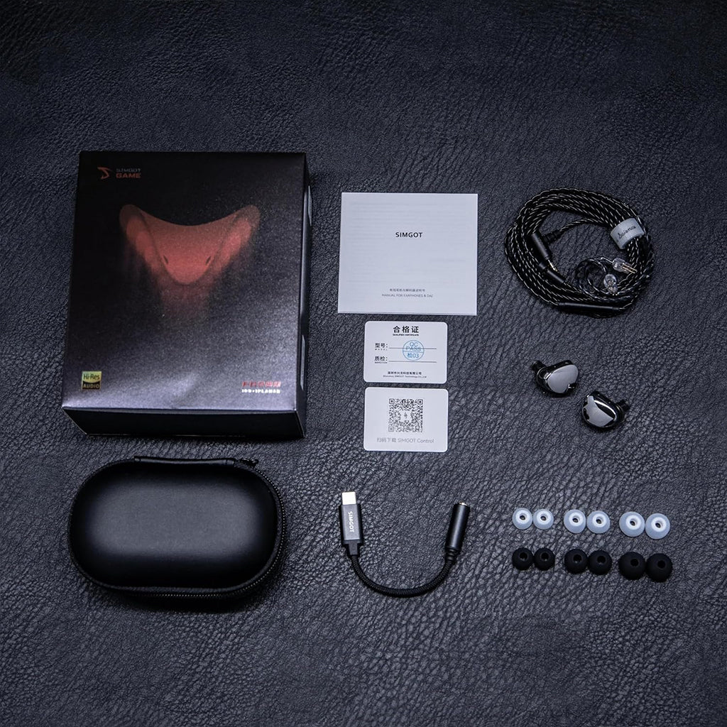 Complete SIMGOT EG280 IEM package with earbuds, USB-C DAC, ear tips, carry case, and user manuals for premium unboxing experience.