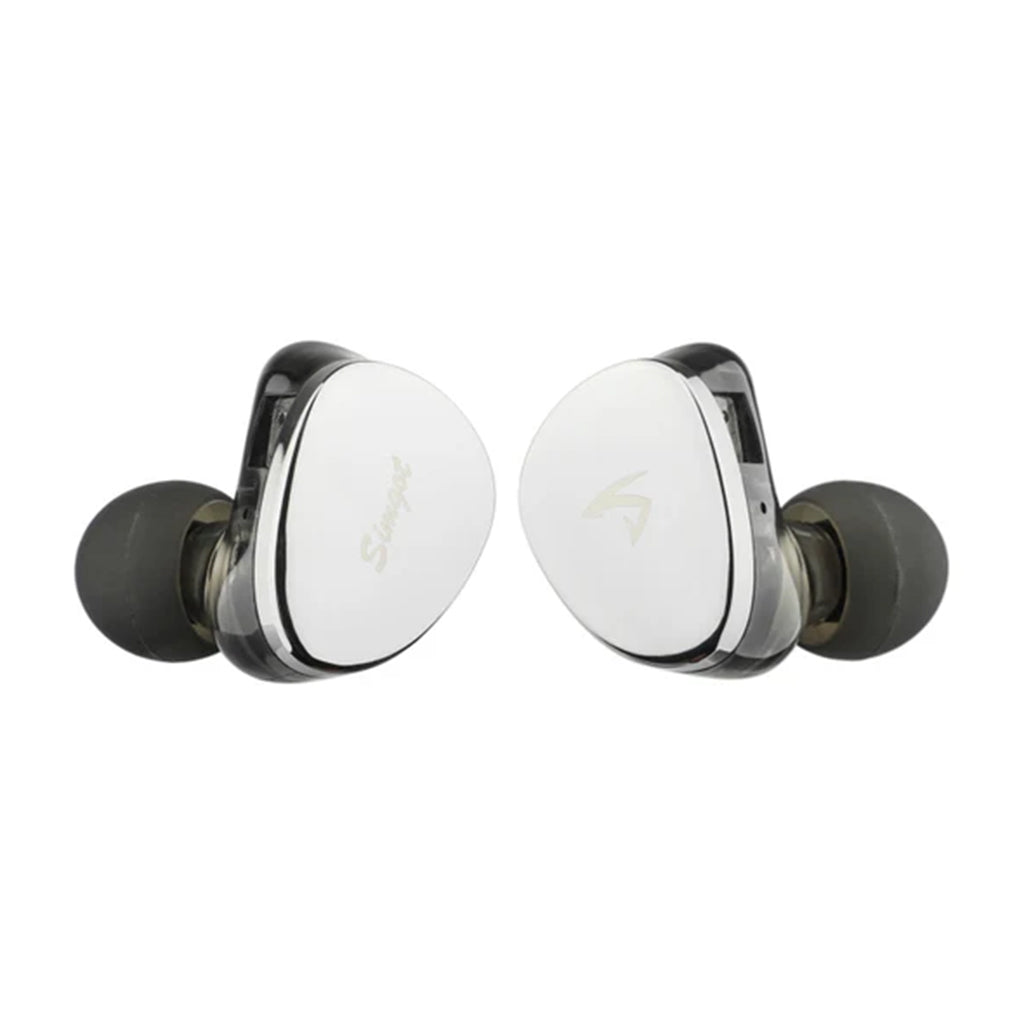 Close-up of SIMGOT EG280 Hybrid IEM with sleek mirror-finish faceplates and ergonomic in-ear design for high-fidelity audio.
