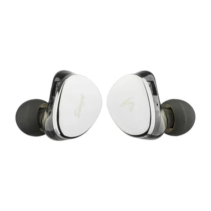 Close-up of SIMGOT EG280 Hybrid IEM with sleek mirror-finish faceplates and ergonomic in-ear design for high-fidelity audio.