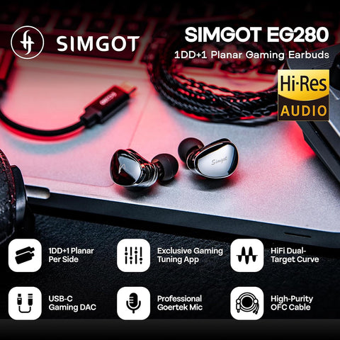 SIMGOT EG280 Hybrid IEM featuring Hi-Res Audio, USB-C DAC, and planar dynamic drivers for elite gaming and Hi-Fi sound.