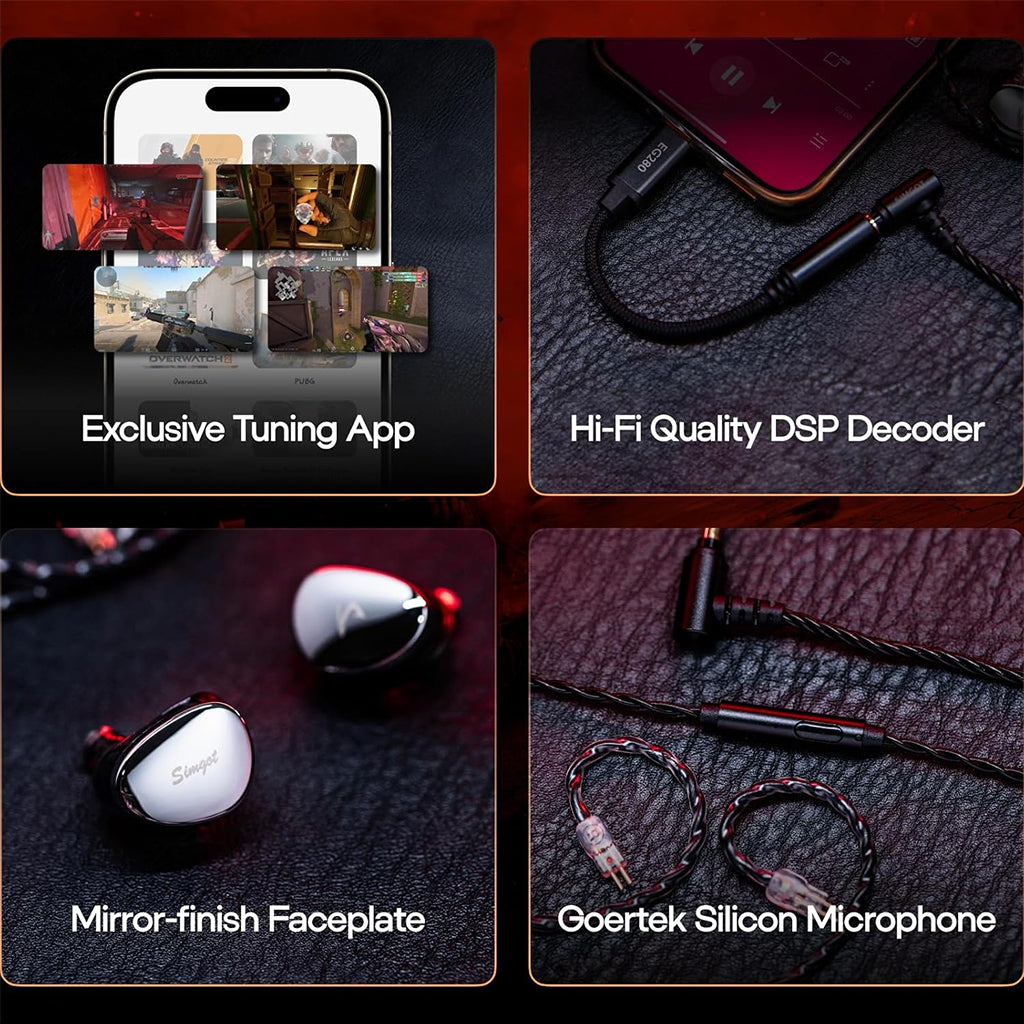 SIMGOT EG280 Hybrid IEM highlights mirror-finish faceplate, tuning app, DSP decoder, and Goertek silicon microphone for pro audio.