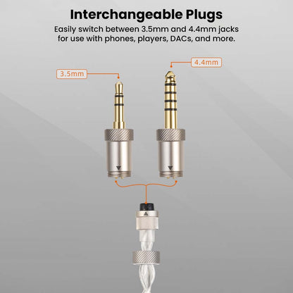 SIVGA Que UTG IEM includes interchangeable 3.5mm and 4.4mm plugs for compatibility with phones, DACs, and audio players.