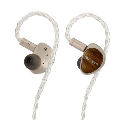 Rear view of SIVGA Que UTG IEM showing ergonomic shell and R/L markings for easy channel identification.