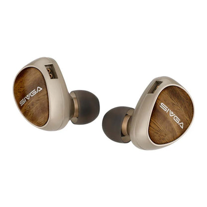 Pair of SIVGA Que UTG IEMs with polished green sandalwood faceplates and dynamic driver design for high-fidelity audio.