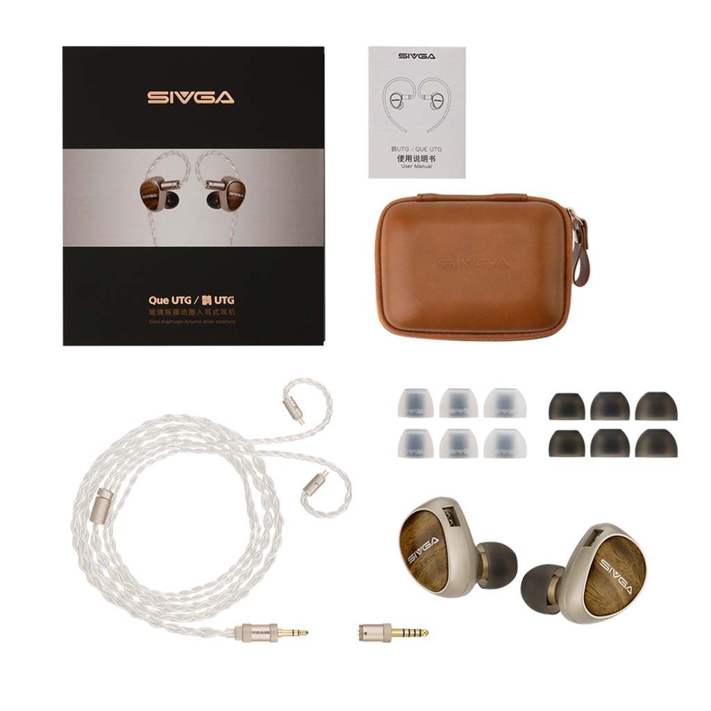 Full accessory set of SIVGA Que UTG IEM including ear tips, silver cable, leather case, and packaging for premium unboxing experience.