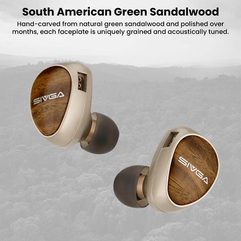 SIVGA Que UTG IEM featuring hand-carved South American green sandalwood faceplates for unique acoustic tuning and elegant design.